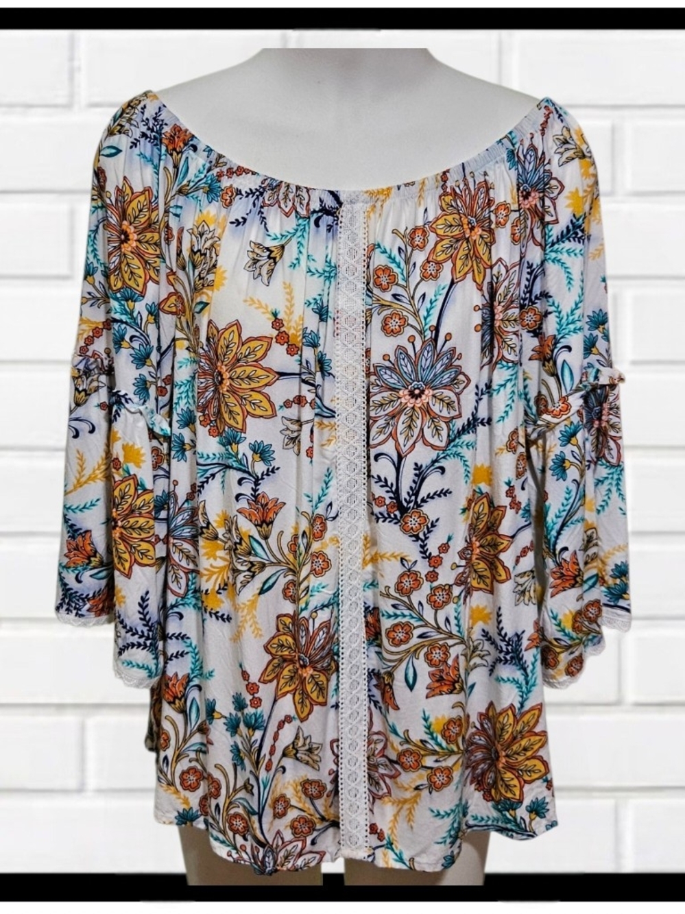 ST JOHN'S BAY White Boho Floral Tunic with Yellow, Teal & Navy Accents XL